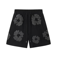Denim Tears Black Tonal Cotton Wreath Print Casual Shorts