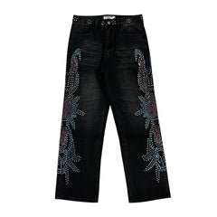 Vale Forever Rhinestone Floral Pattern Oversized Black Denim Jeans