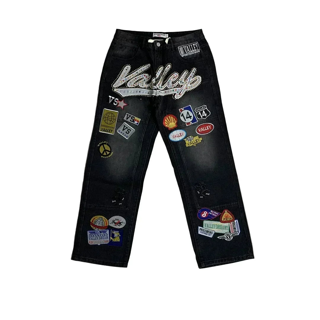 Vale Forever Rhinestone Patchwork Oversized Black Denim Jeans